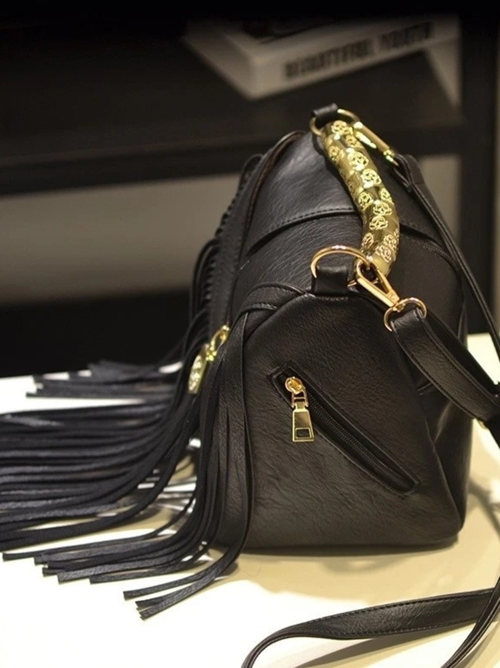 Black Leather Fringe Shoulder Bag with Gold Hardware